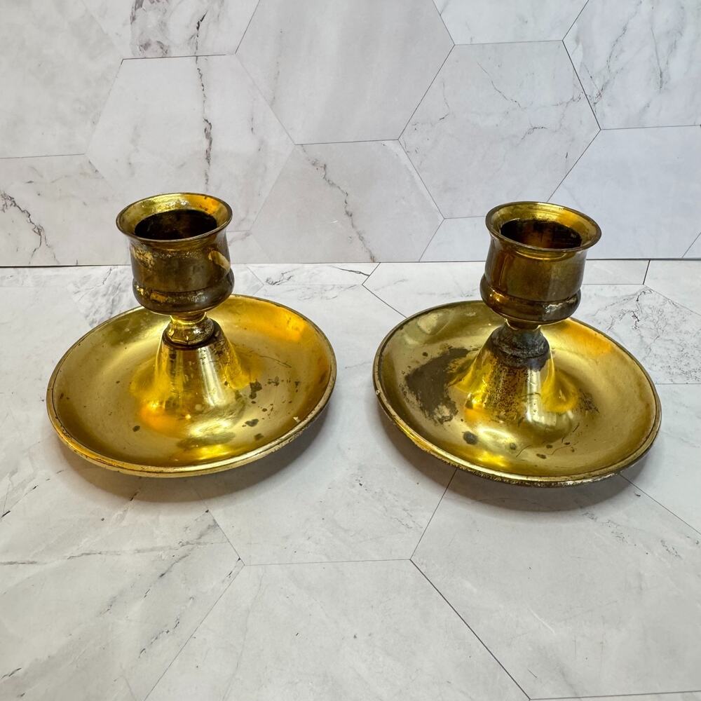 Antique Solid Brass Candlestick Holders Pair 19th Century 3" Made in England